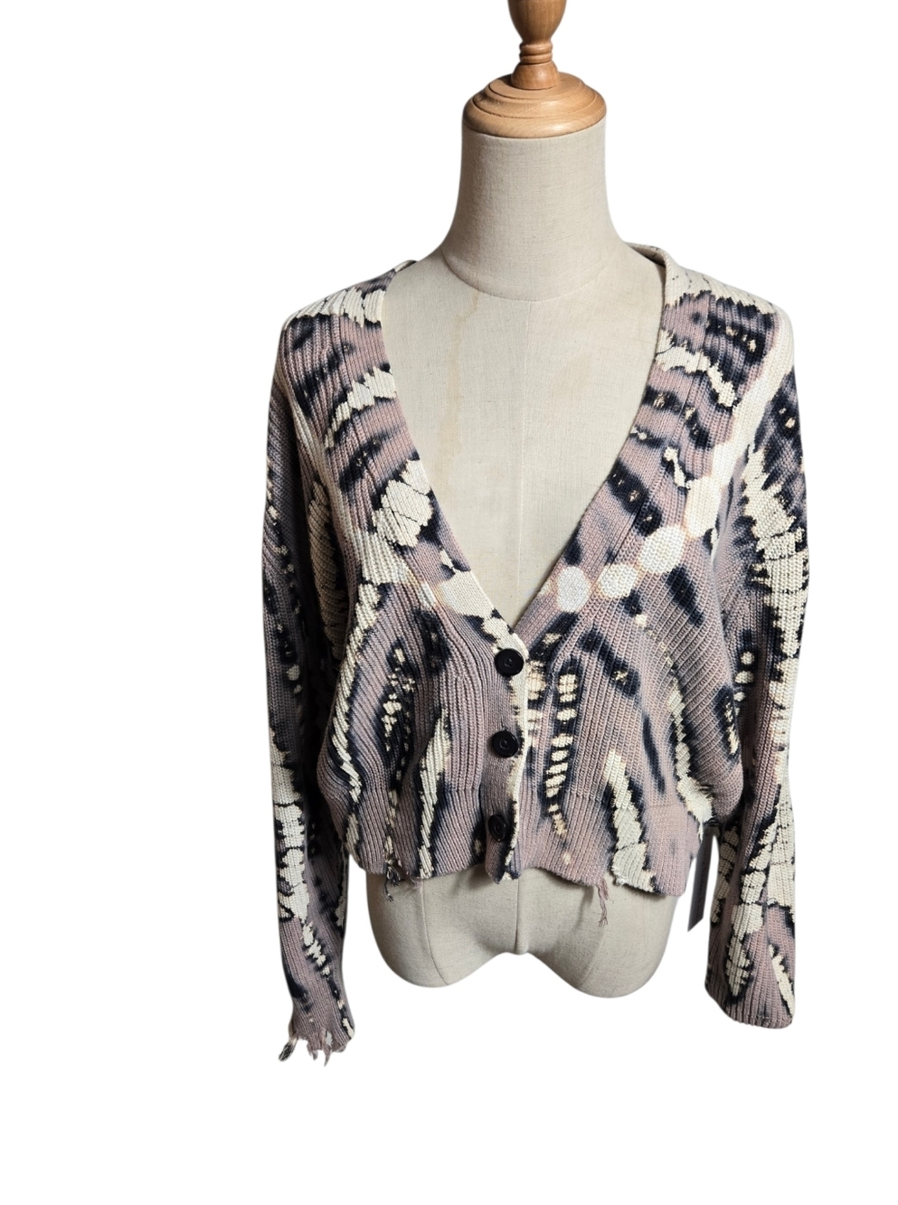Young Fabulous & Broke  Taupe And Black Patterned V-Neck Cardigan Sweater NWT